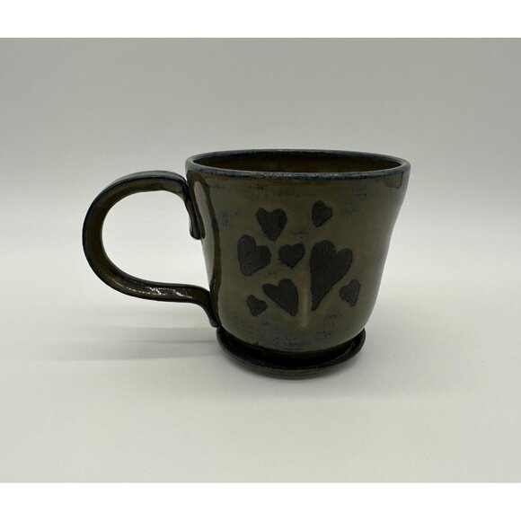 Handmade Art Pottery Mug Black Hearts Gray Cup Signed KLA Footed Love Valentines - Picture 4 of 10